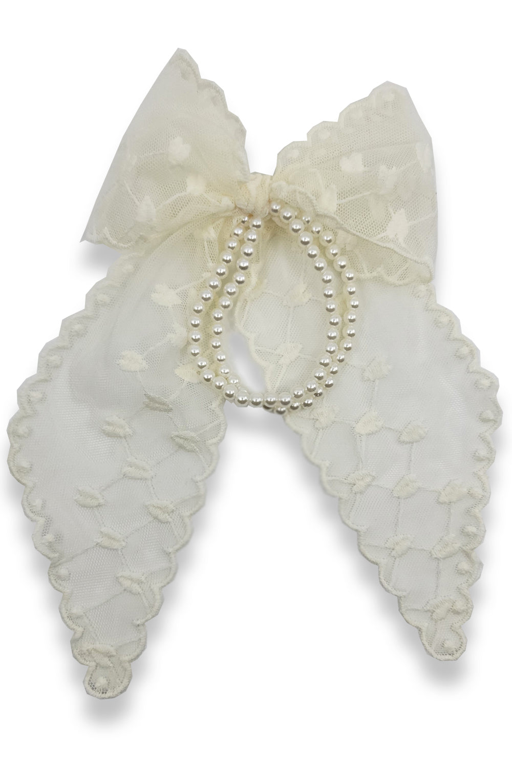 Bow & Pearl Hair Tie with Mesh Heart Pattern
