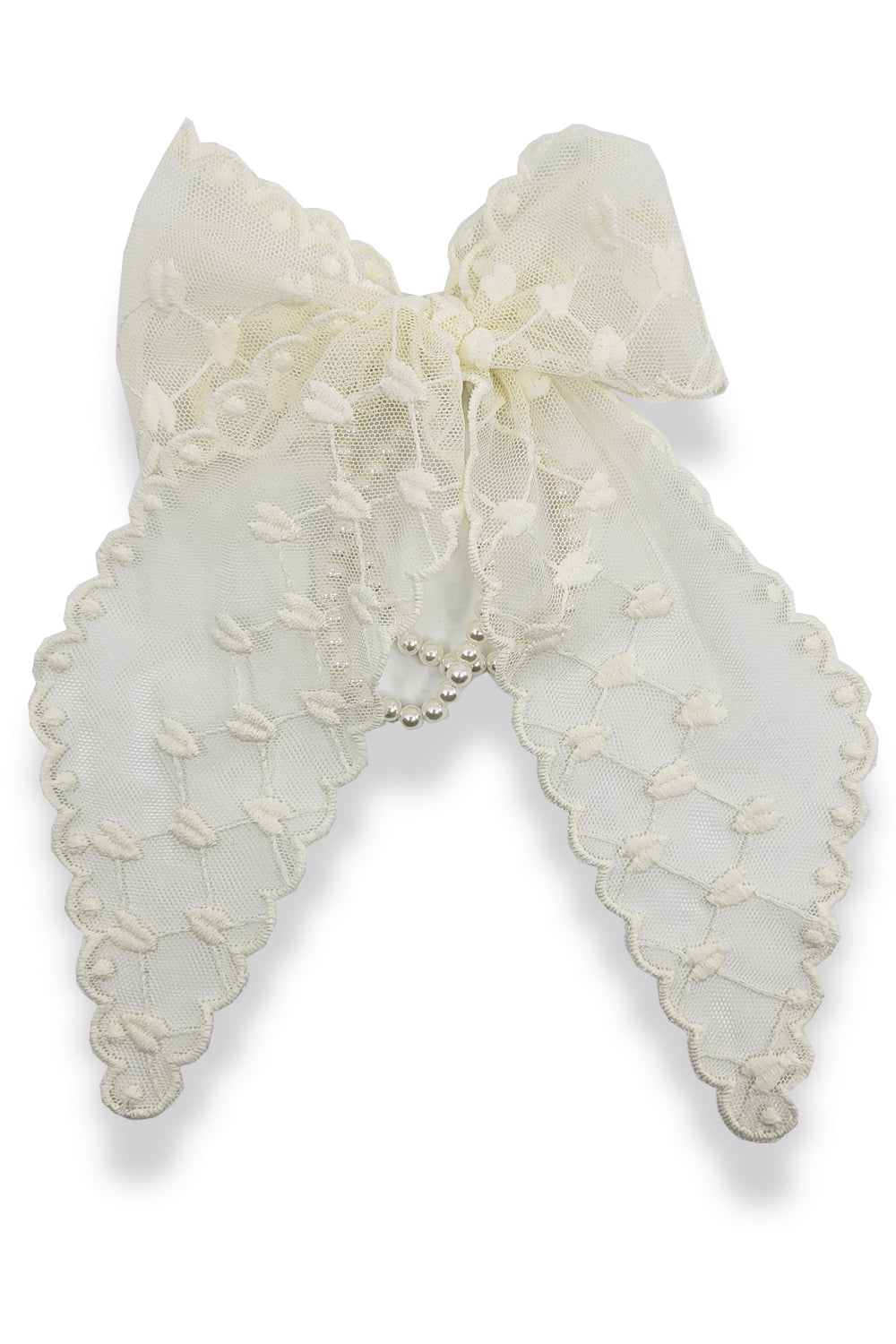 Bow & Pearl Hair Tie with Mesh Heart Pattern