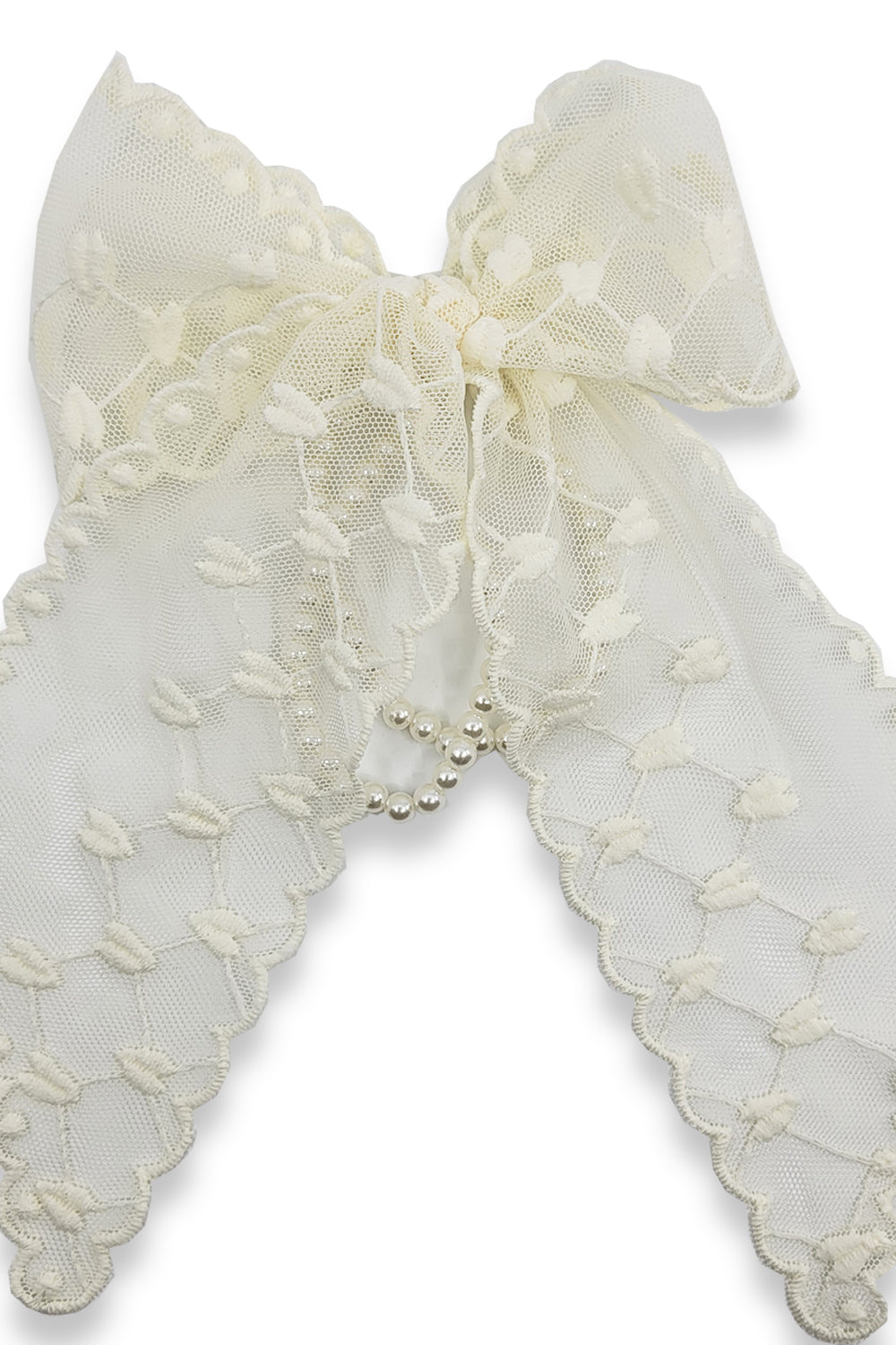Bow & Pearl Hair Tie with Mesh Heart Pattern