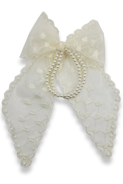 Bow & Pearl Hair Tie with Mesh Heart Pattern
