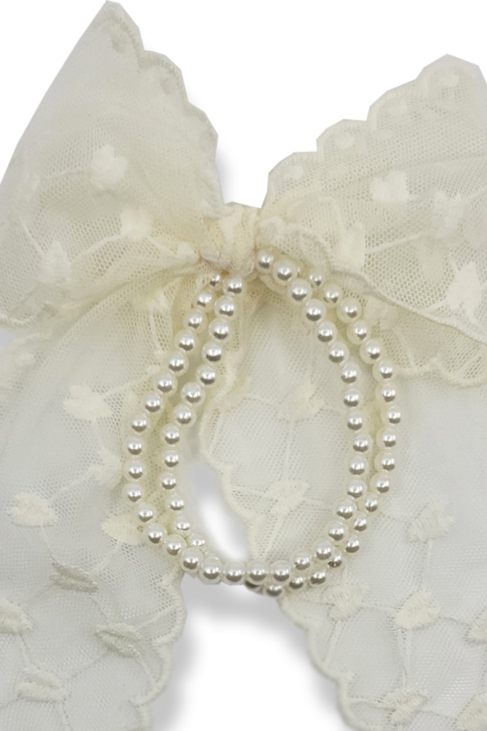 Bow & Pearl Hair Tie with Mesh Heart Pattern