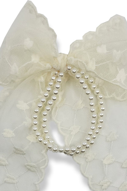 Bow & Pearl Hair Tie with Mesh Heart Pattern