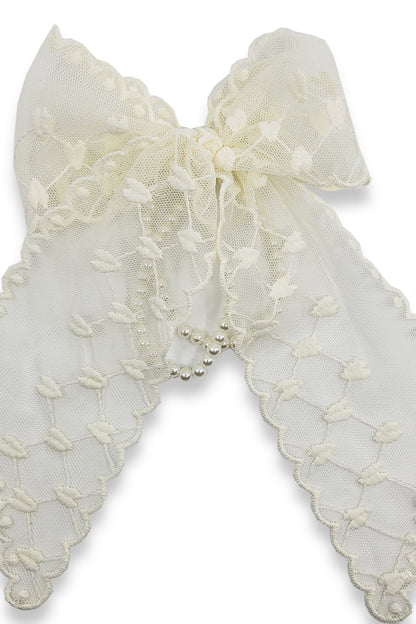 Bow & Pearl Hair Tie with Mesh Heart Pattern