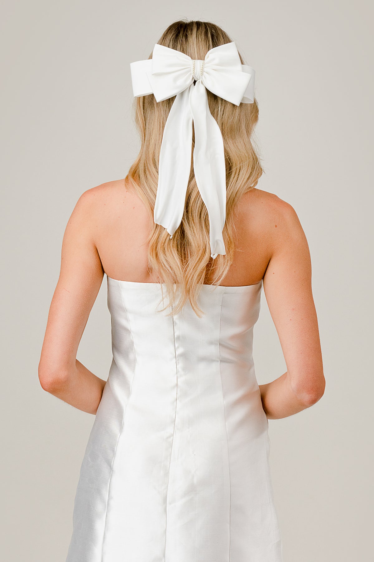 White Satin Bow Hair Clip with Pearl Accent