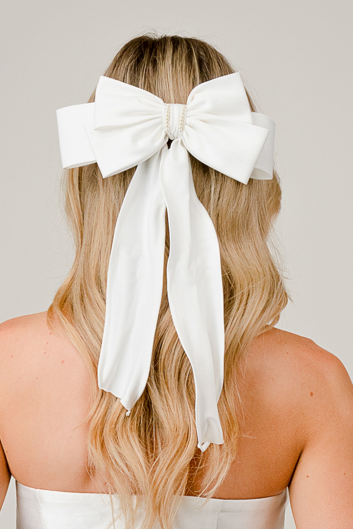 White Satin Bow Hair Clip with Pearl Accent