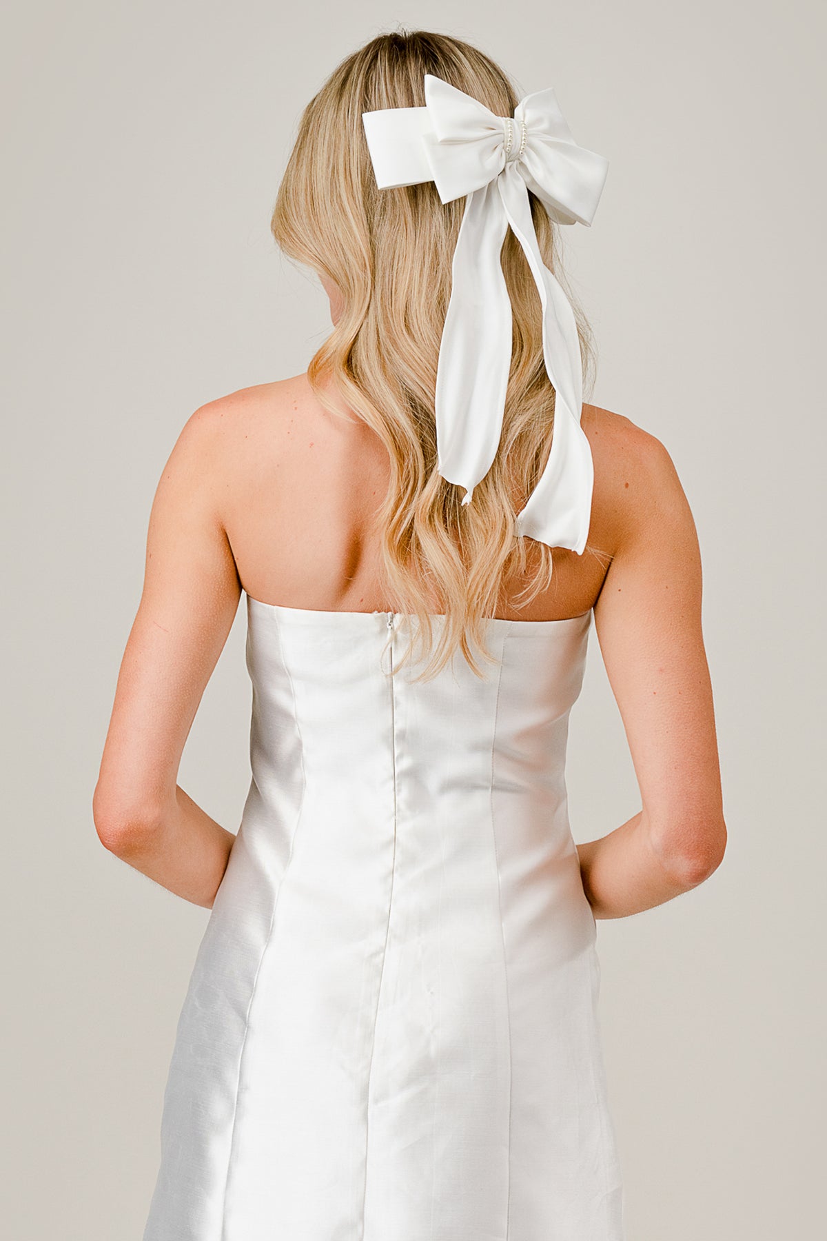White Satin Bow Hair Clip with Pearl Accent