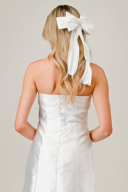 White Satin Bow Hair Clip with Pearl Accent