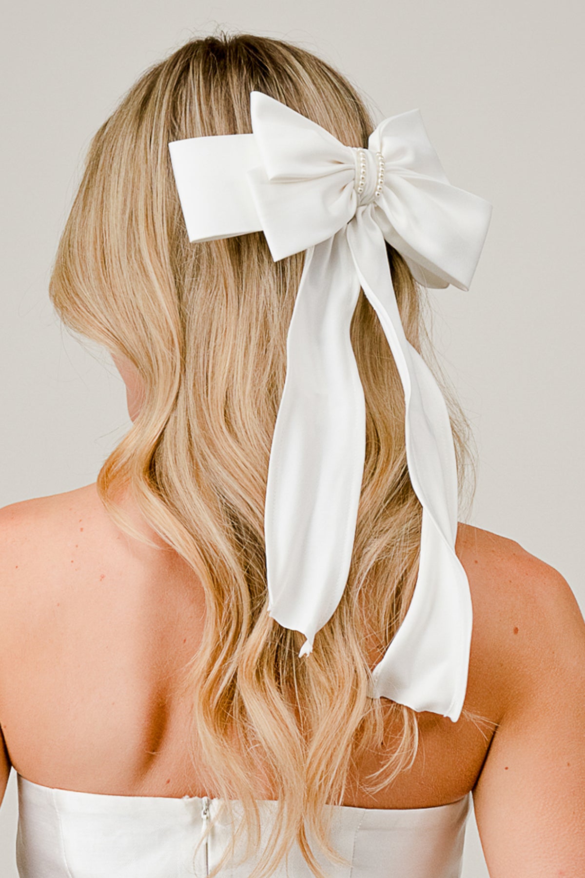 White Satin Bow Hair Clip with Pearl Accent