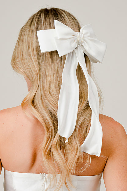 White Satin Bow Hair Clip with Pearl Accent