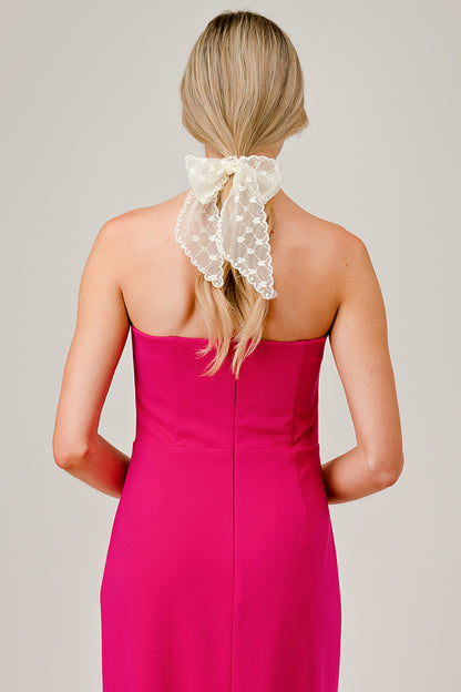 Bow & Pearl Hair Tie with Mesh Heart Pattern