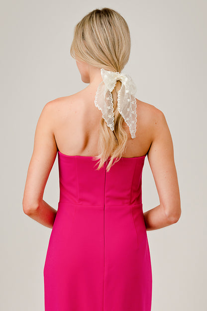 Bow & Pearl Hair Tie with Mesh Heart Pattern